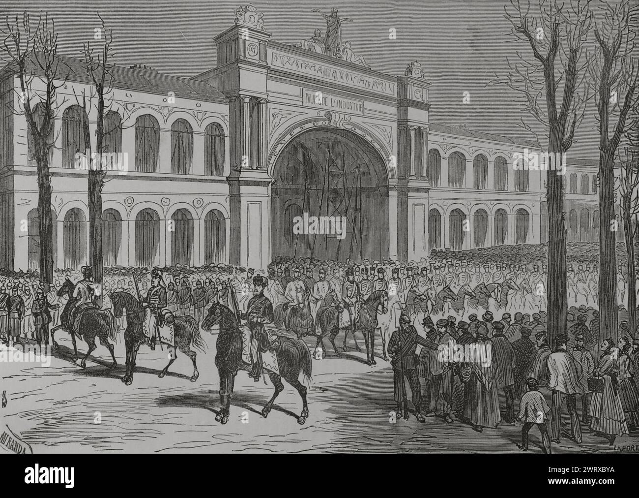 Guerre franco-prussienne (1870-1871). Le 1er mars 1871, l'armée prussienne entra dans Paris de manière symbolique, bien que les troupes quittèrent ensuite la ville. Défilé des troupes allemandes sur les champs Elysées. Dessin de Miranda. Gravure par Laporta. Historia de la Guerra de Francia y Prusia (histoire de la guerre entre la France et la Prusse). Volume II. Publié à Barcelone, 1871. Banque D'Images