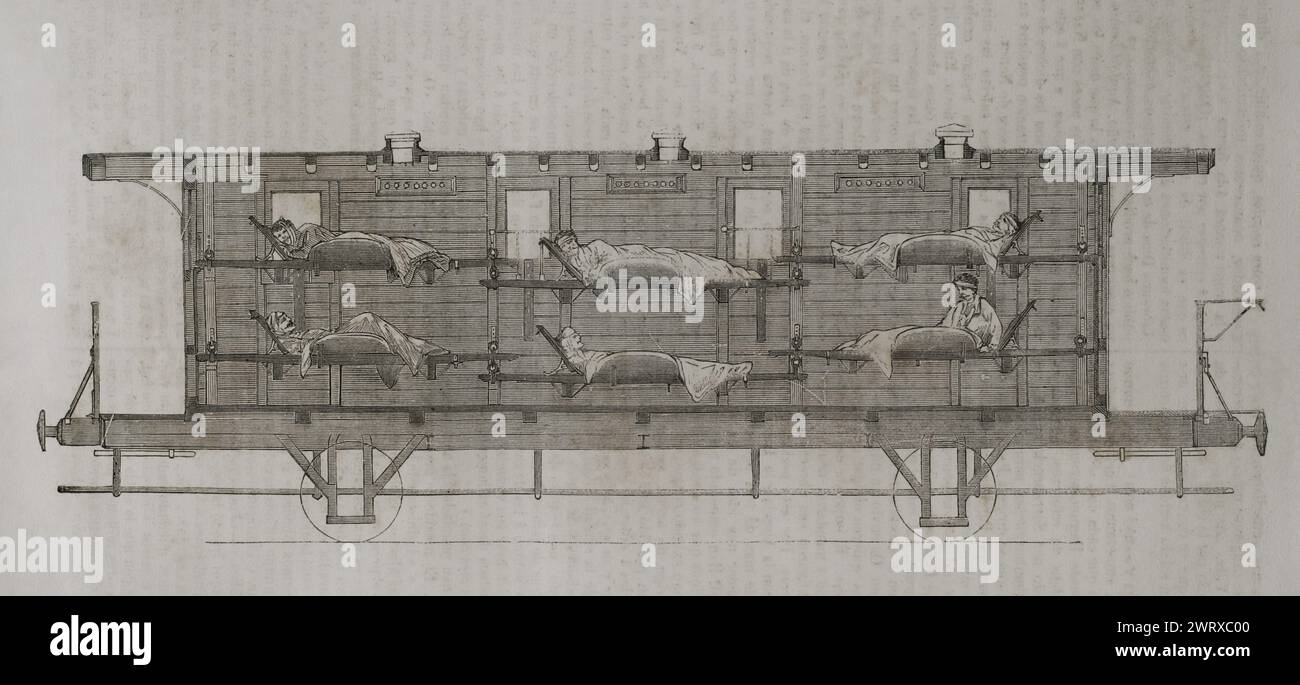 Guerre franco-prussienne (1870-1871). Wagon de transport de blessés (coupe longitudinale). Gravure. Historia de la Guerra de Francia y Prusia (histoire de la guerre entre la France et la Prusse). Volume II. Publié à Barcelone, 1871. Banque D'Images