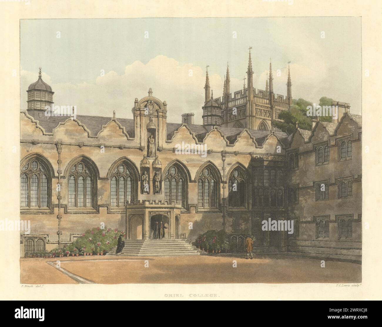Oriel College. Ackermann's Oxford University 1814 ancienne photo d'impression antique Banque D'Images