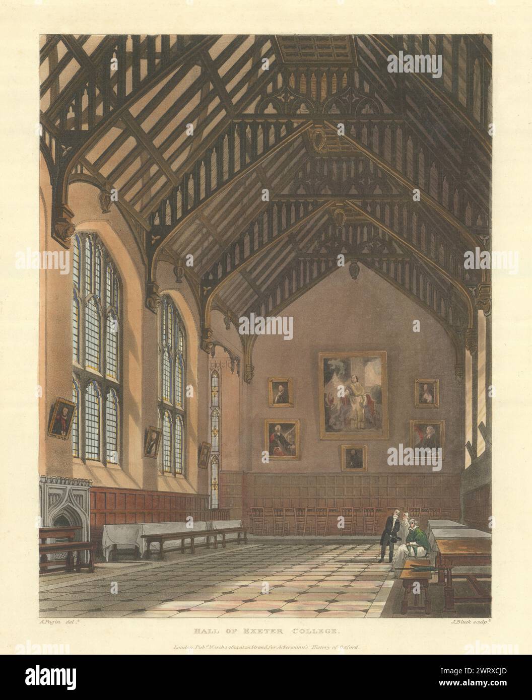Hall of Exeter College. Ackermann's Oxford University 1814 ancienne impression antique Banque D'Images