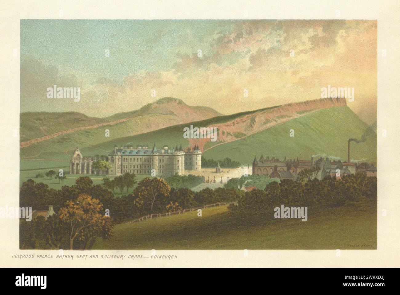 Palais de Holyrood, Arthur's Seat & Salisbury Crags, Édimbourg. Chromolitho 1891 Banque D'Images