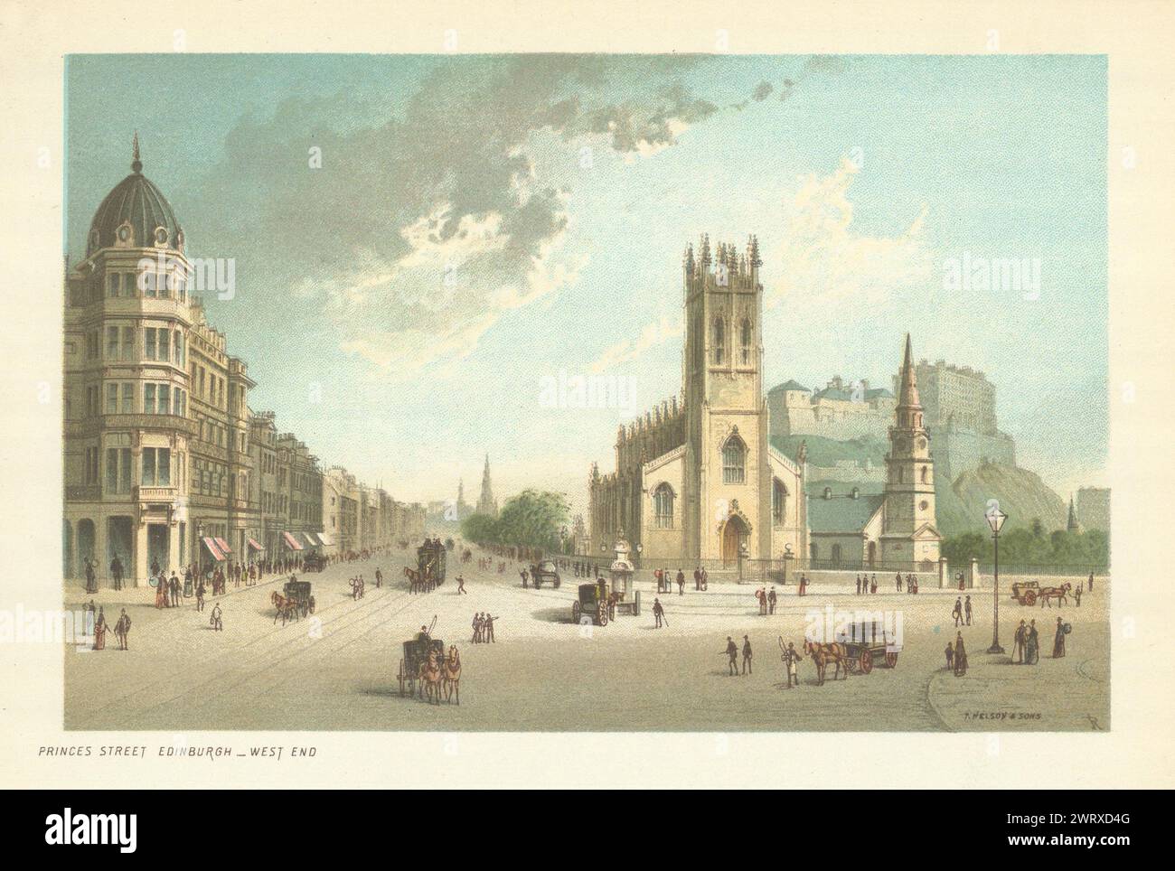 Princes Street, Édimbourg, West End. Ecosse antique chromolithographe 1891 Banque D'Images