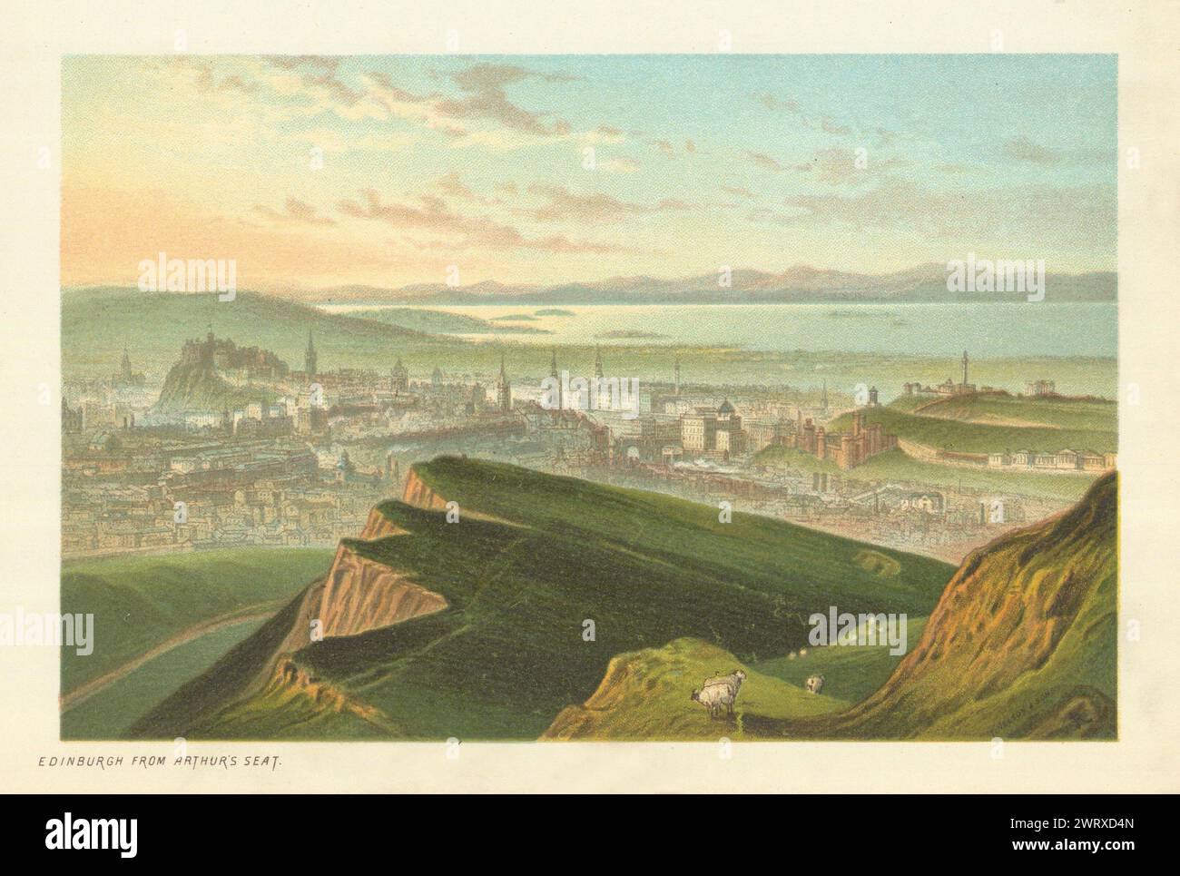 Édimbourg depuis Arthur's Seat. Écosse antique chromolithographe 1891 ancienne impression Banque D'Images