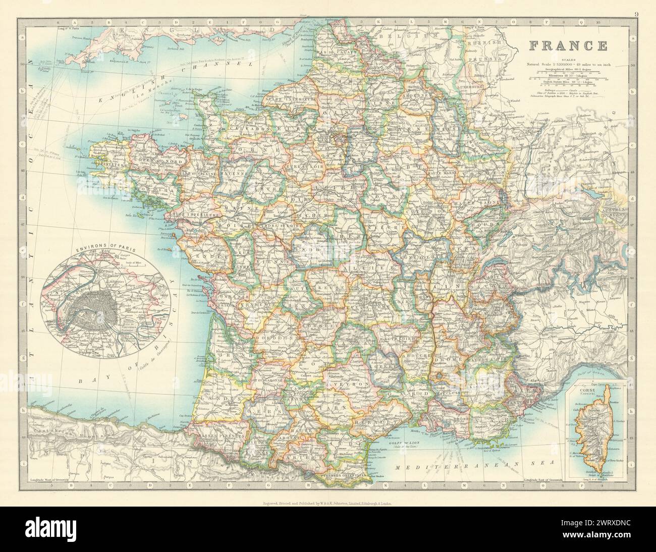 FRANCE montrant des champs de bataille importants et des dates. JOHNSTON 1913 ancienne carte antique Banque D'Images