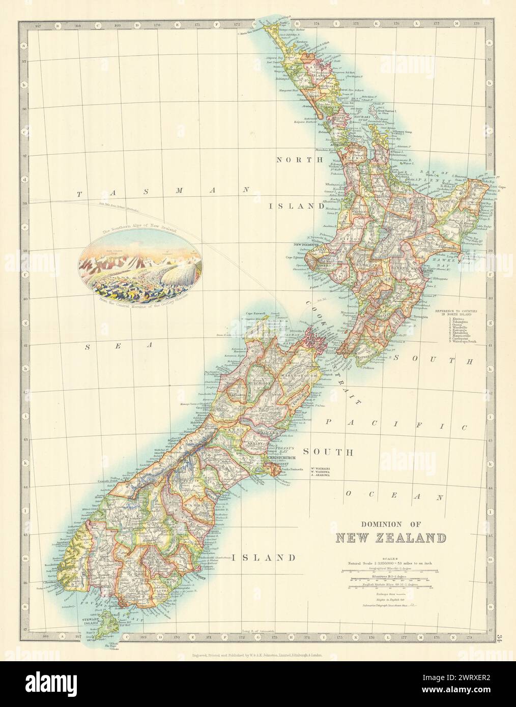 DOMINION DE LA NOUVELLE-ZÉLANDE dans les comtés. Vignette Godley Glacier. JOHNSTON 1913 carte Banque D'Images