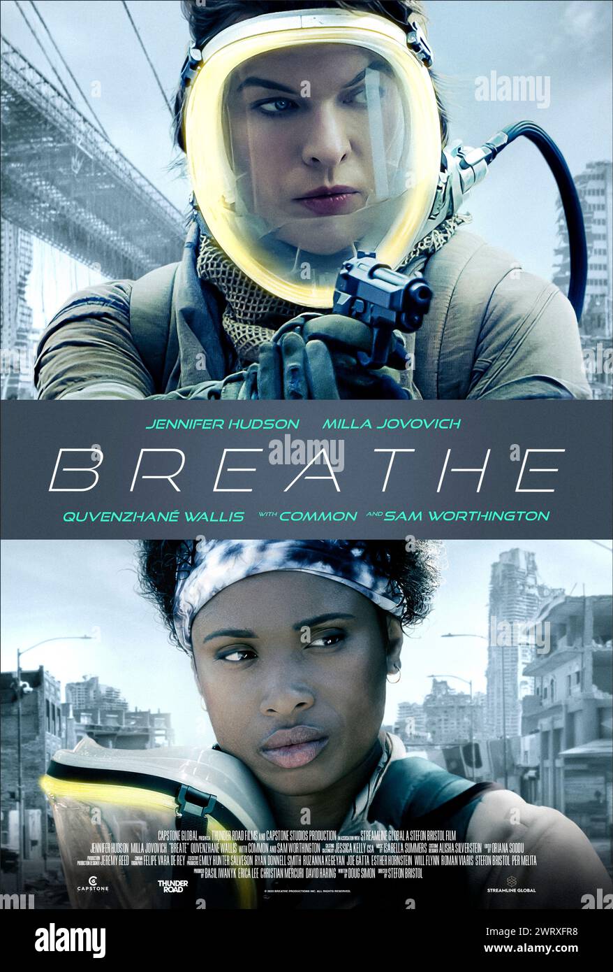 Breathe (2024) réalisé par Stefon Bristol et mettant en vedette Milla Jovovich, Sam Worthington et Quvenzhané Wallis. L'approvisionnement en air est rare dans un avenir proche, obligeant une mère et sa fille à se battre pour survivre lorsque deux étrangers arrivent désespérément pour un refuge oxygéné. Affiche publicitaire ***USAGE ÉDITORIAL SEULEMENT*** crédit : BFA / Breathe Productions Inc. Banque D'Images