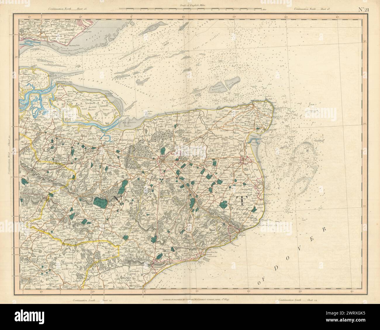 ESTUAIRE DE LA TAMISE ET KENT EST. North Downs, Isles of Shepey & Thanet CARY 1832 carte Banque D'Images