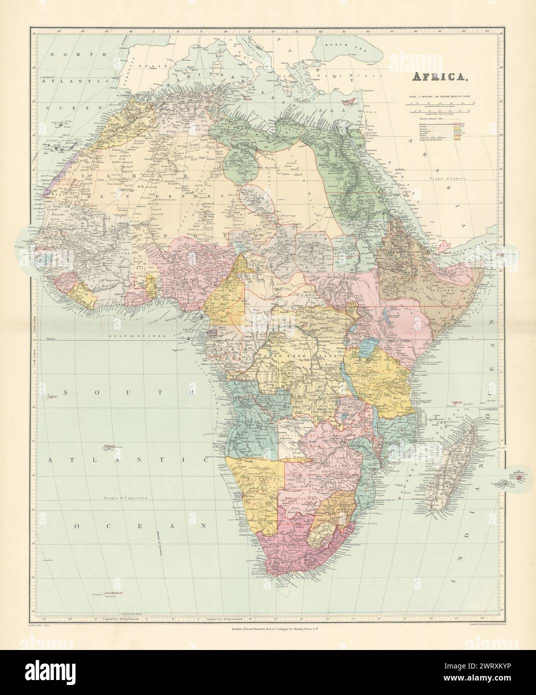Afrique. Zone de libre-échange du Congo. British South Africa Company. Carte de STANFORD 1896 Banque D'Images