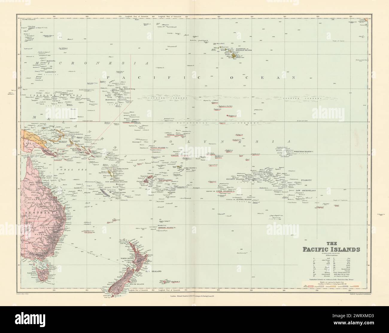 Îles du Pacifique. Mélanésie Polynésie Micronésie. Hawaii. STANFORD 1896 carte ancienne Banque D'Images