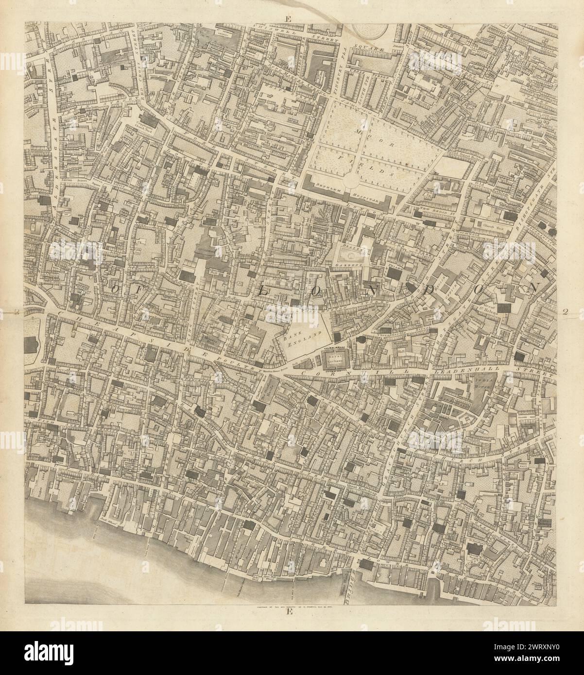 Horwood City of London carte E2 Moorfields Cheapside Cornhill Bishopsgate 1799 Banque D'Images
