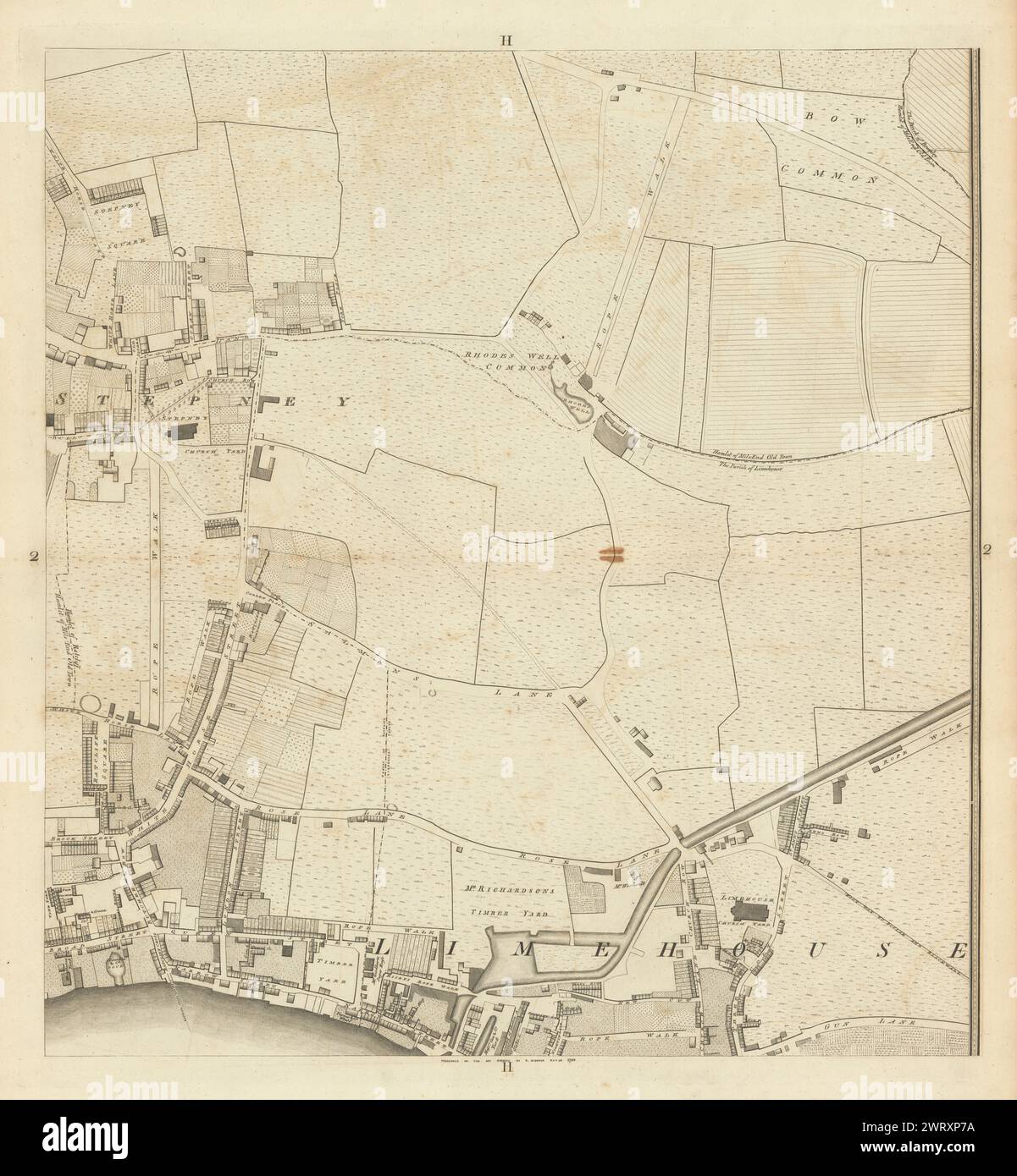 Horwood London H2 Stepney Limehouse Ratcliff commercial Road 1799 carte ancienne Banque D'Images
