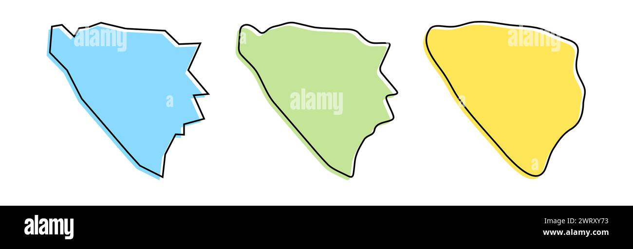 Contour noir de pays de Bosnie-Herzégovine et silhouettes de pays colorées dans trois niveaux différents de douceur. Cartes simplifiées. Icônes vectorielles isolées sur fond blanc. Illustration de Vecteur