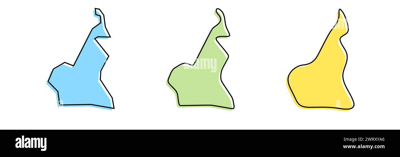 Contour noir pays Cameroun et silhouettes pays colorées dans trois niveaux différents de douceur. Cartes simplifiées. Icônes vectorielles isolées sur fond blanc. Illustration de Vecteur
