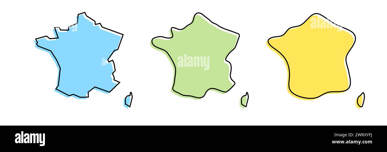 Contour noir pays France et silhouettes pays colorées dans trois niveaux différents de douceur. Cartes simplifiées. Icônes vectorielles isolées sur fond blanc. Illustration de Vecteur