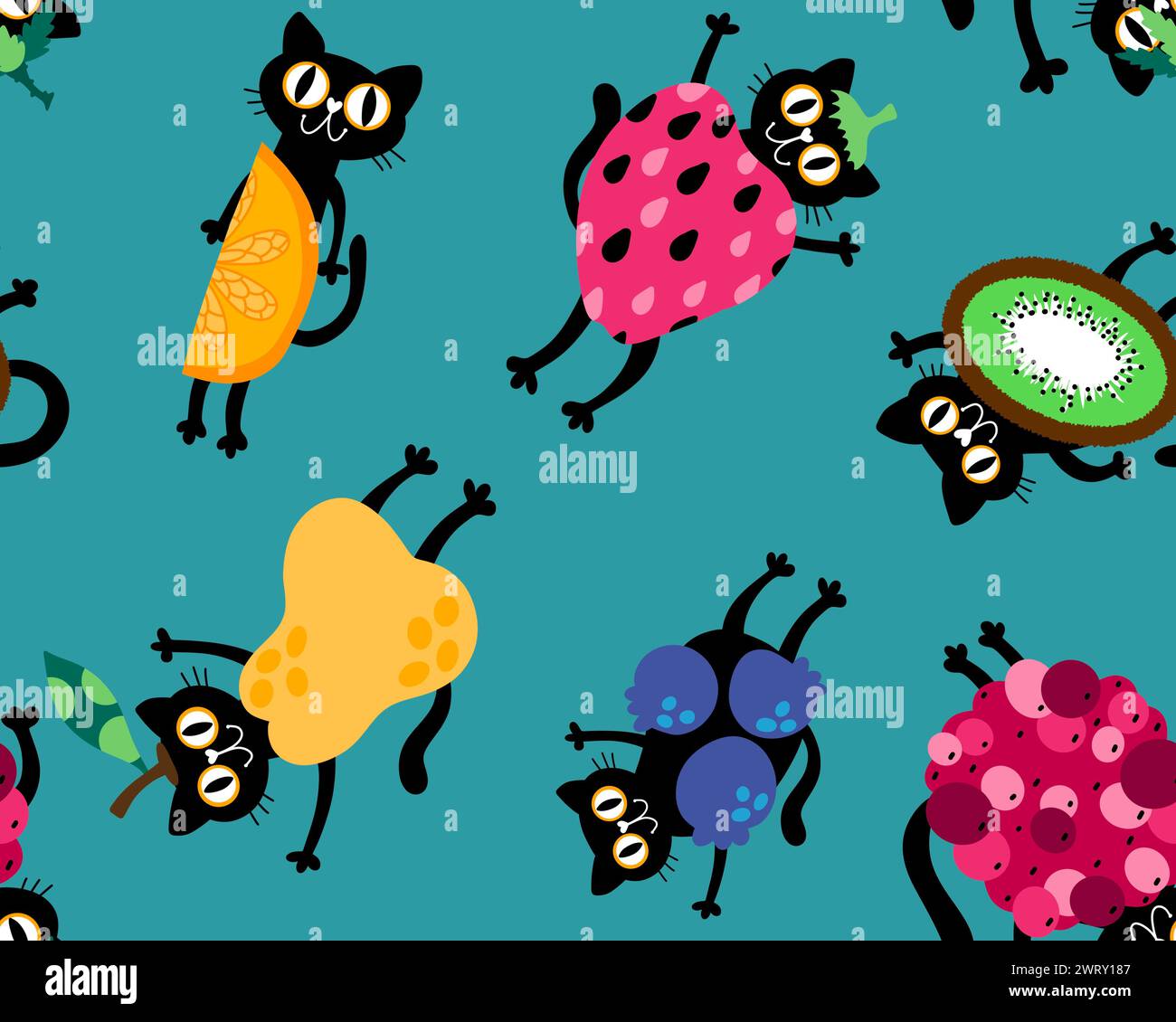 Dessins animés animaux d'été et fruits sans couture chats et fraise et citron et poires et motif kiwi pour l'emballage papier et tissus et enfants imprimés et f Banque D'Images