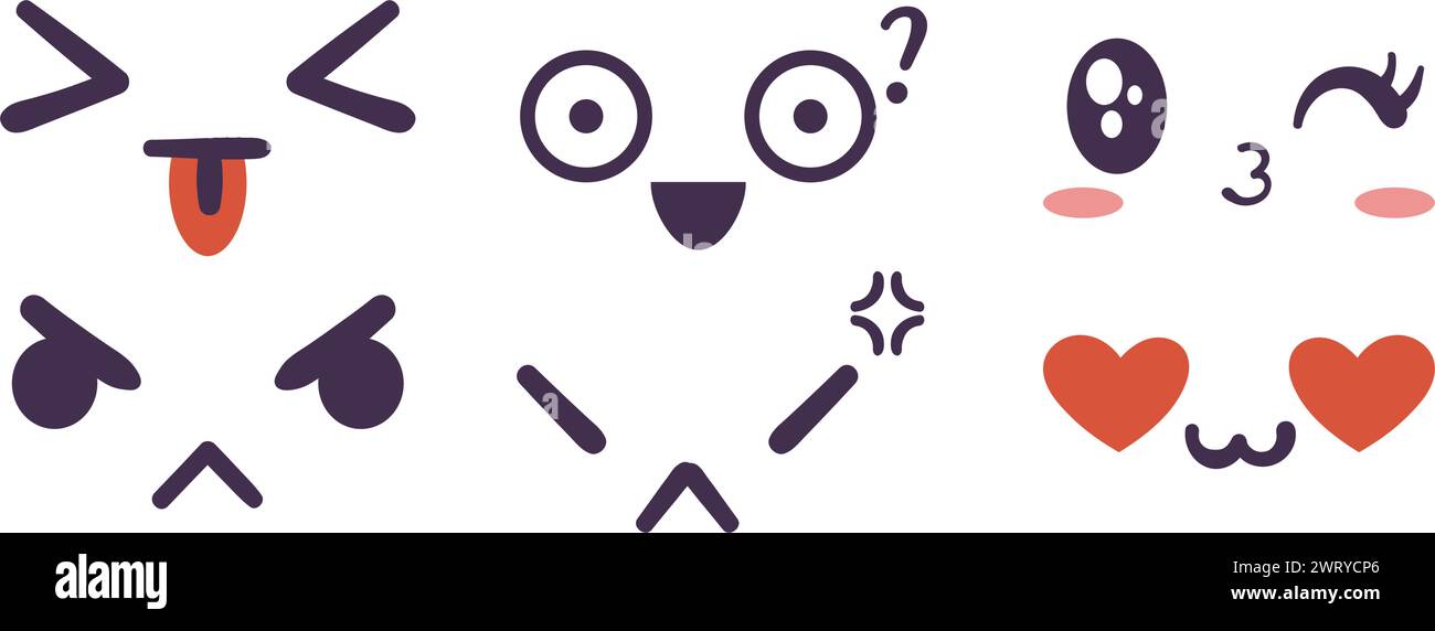 Kawaii visage exprimant l'émotion et collection d'humeur. Illustrations vectorielles dessinées à la main plates dans le style manga comique ou anime. Illustration de Vecteur
