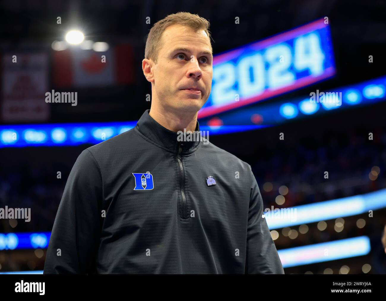 14 mars 2024 : Jon Scheyer, entraîneur-chef des Duke Blue Devils, lors d'un match du tournoi de basket-ball masculin de l'ACC entre les Duke Blue Devils et le NC State Wolfpack au Capital One Arena de Washington, DC Justin Cooper/CSM Banque D'Images