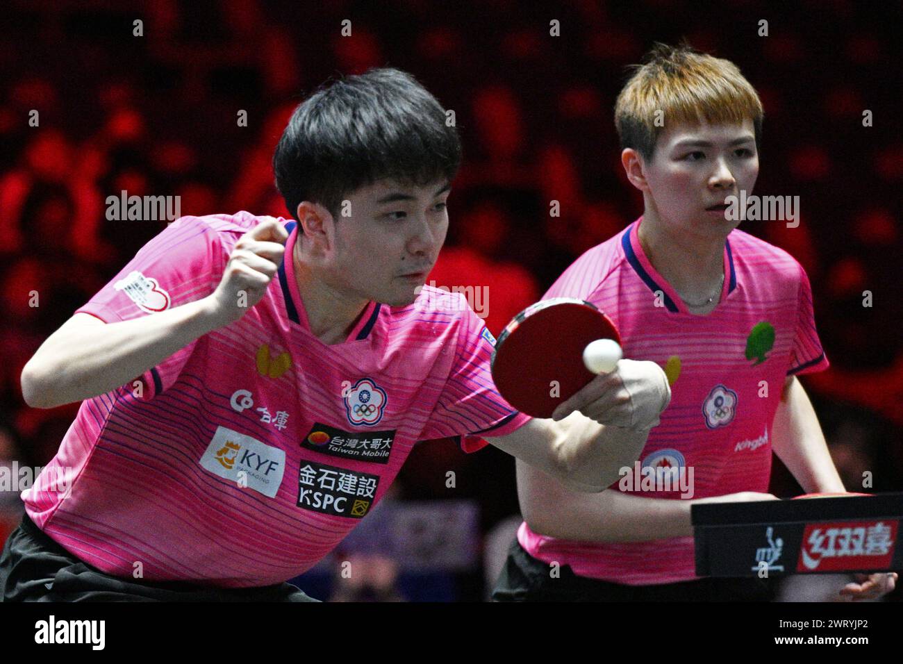 Singapour. 14 mars 2024. Chen Szu-Yu/Lin Yun-Ju (l) du Taipei chinois concourent lors de la demi-finale de double mixte contre Sun Yingsha/Wang Chuqin de Chine au World Tennis de table (WTT) Singapore Smash 2024 à Singapour, le 14 mars 2024. Credit : puis Chih Wey/Xinhua/Alamy Live News Banque D'Images