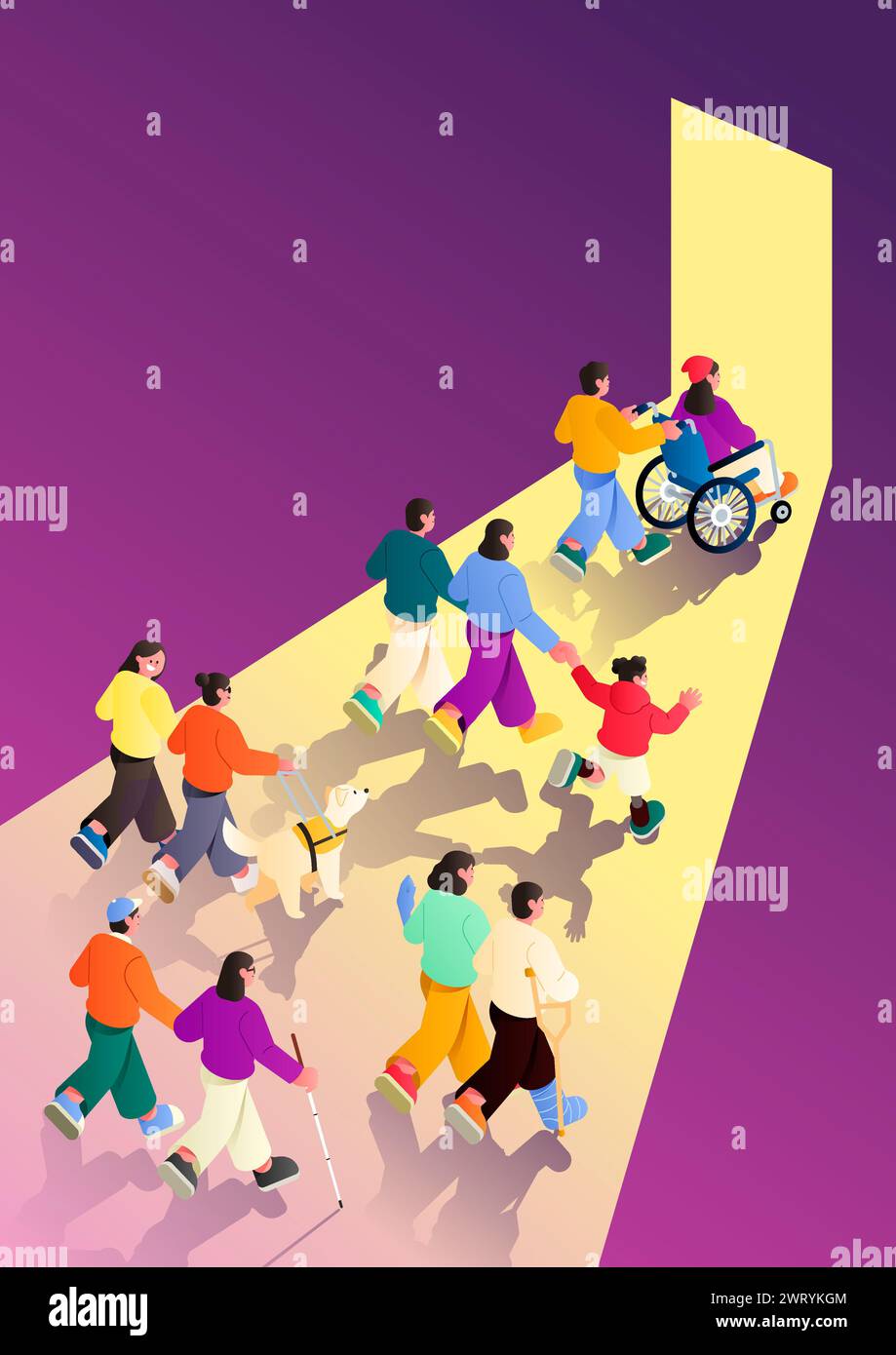 Les personnes handicapées et les personnes non handicapées se dirigent vers l'harmonie et l'unité Banque D'Images
