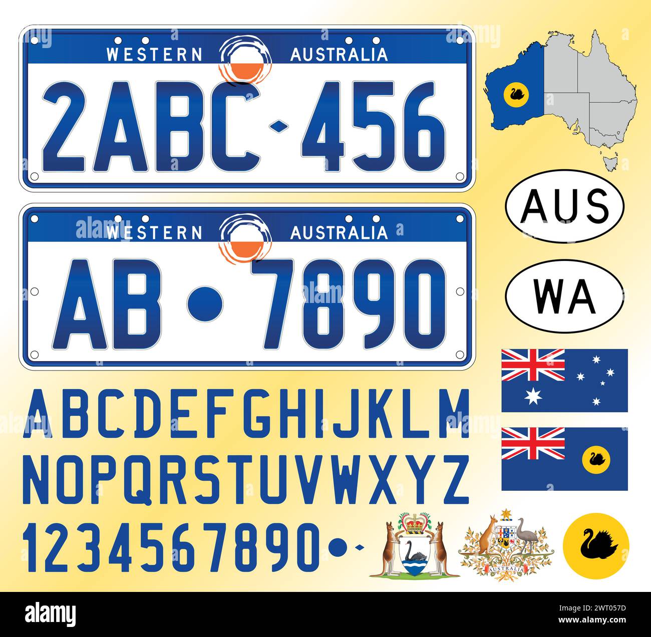 Modèle de plaque d'immatriculation de voiture d'Australie occidentale, lettres, chiffres et symboles, illustration vectorielle, Australie Illustration de Vecteur