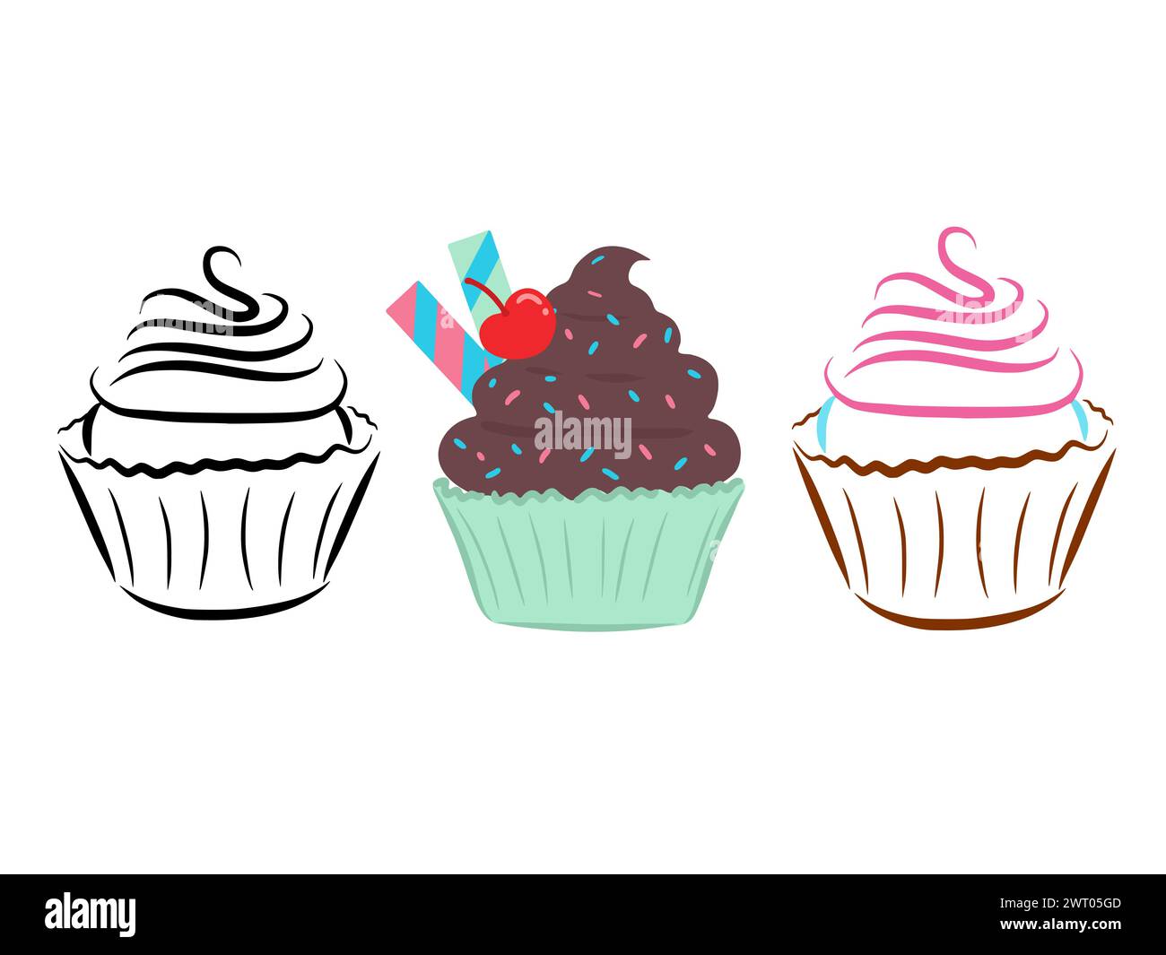 Clipart de cupcakes mignons avec des bonbons saupoudrés et cerise rouge sur le dessus. Dessin animé de muffins de gâteau avec glaçage de crème coloré et image vectorielle de contour Illustration de Vecteur