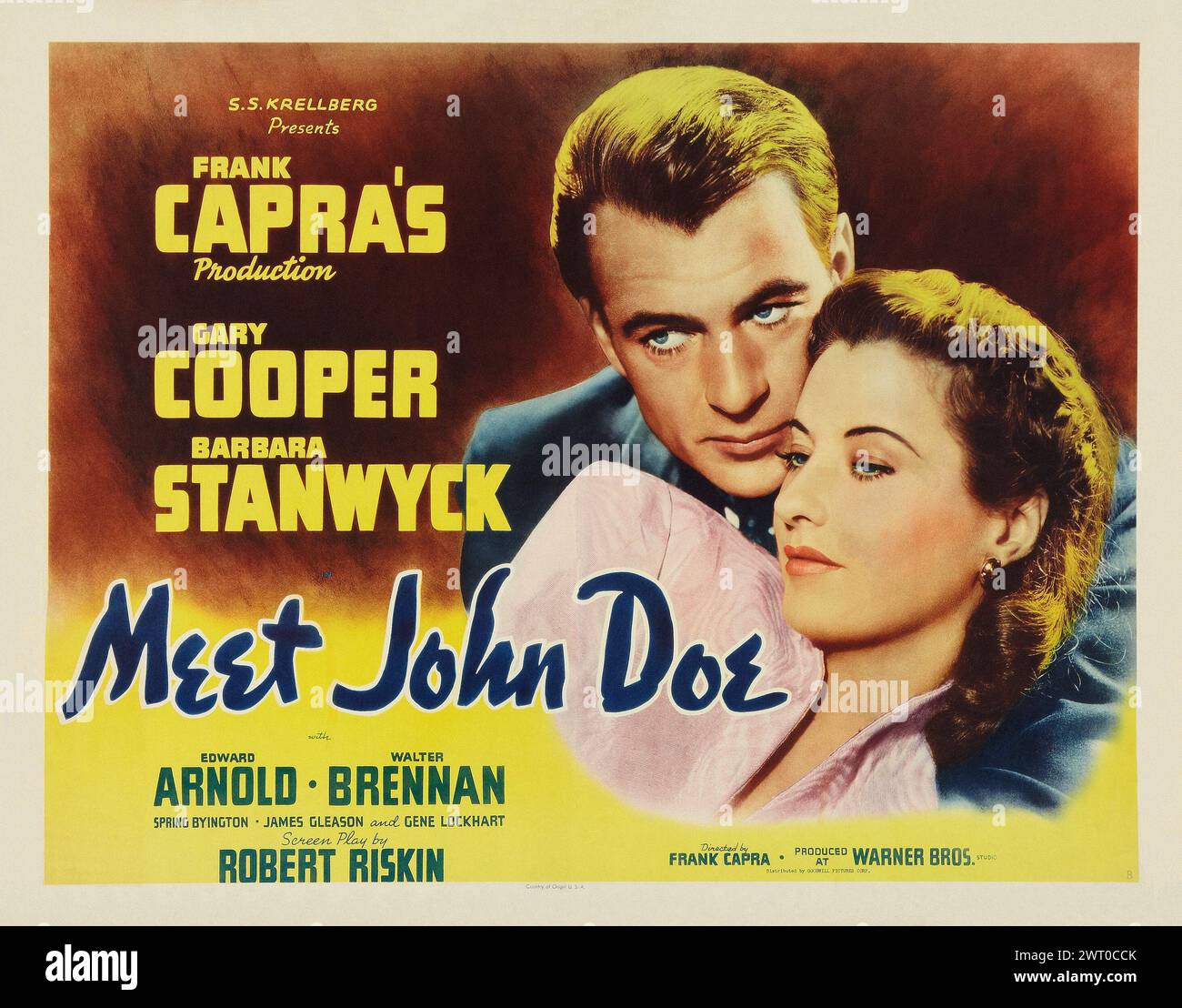 Frank Capra's Meet John Doe (Warner Brothers, 1941). Vieux poster de film. Style B, mettant en vedette les stars de cinéma des années 1940 Gary Cooper et Barbara Stanwyck Banque D'Images