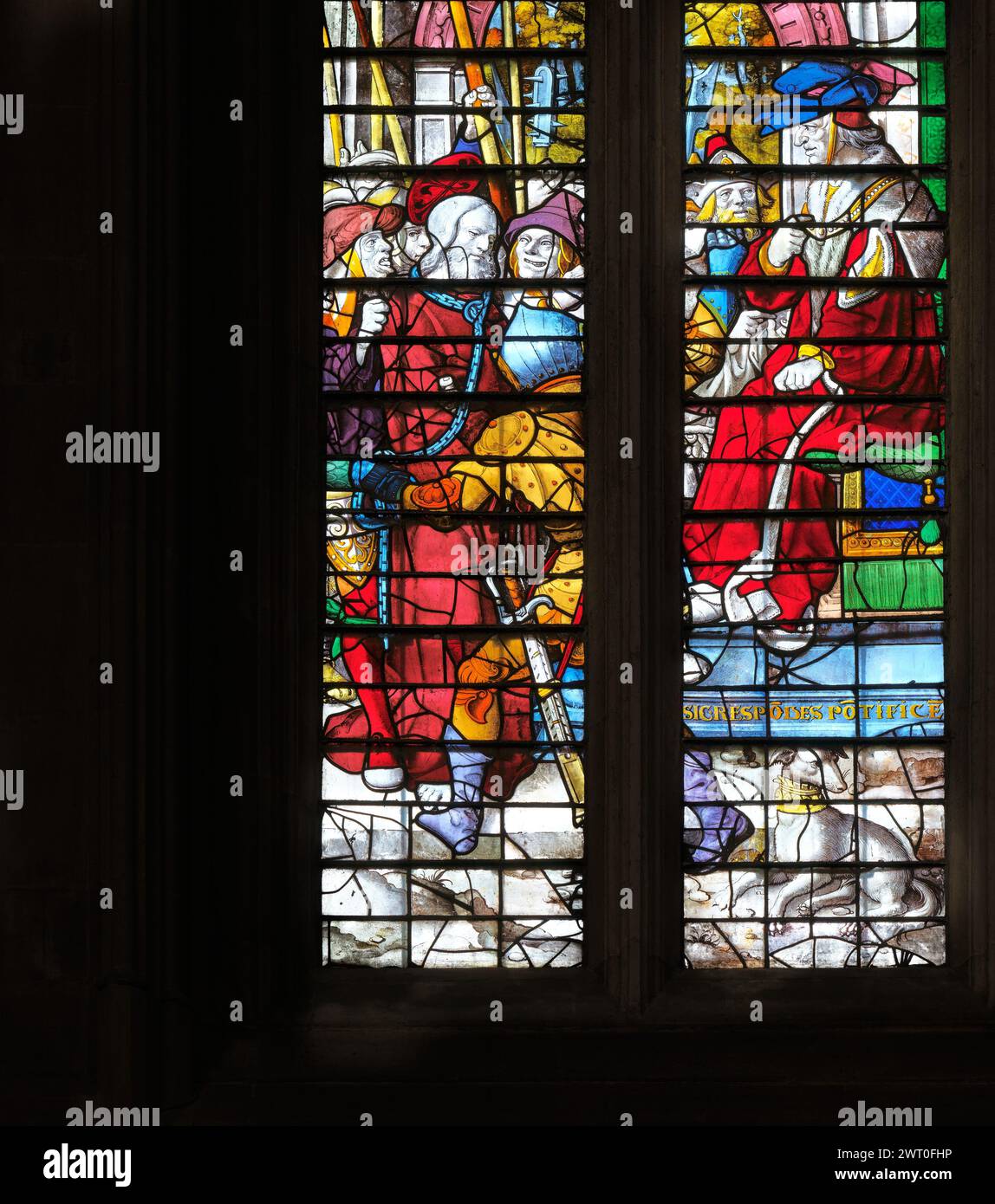 Procès de Jésus-Christ par le gouverneur romain, Ponce Pilate ; chapelle King's College, Université de Cambridge, Angleterre. Banque D'Images
