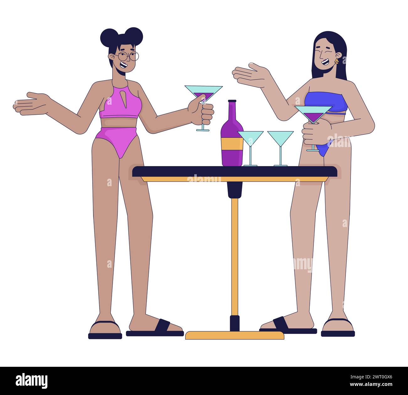 Femmes en maillots de bain appréciant cocktails 2D personnages de dessins animés linéaires Illustration de Vecteur