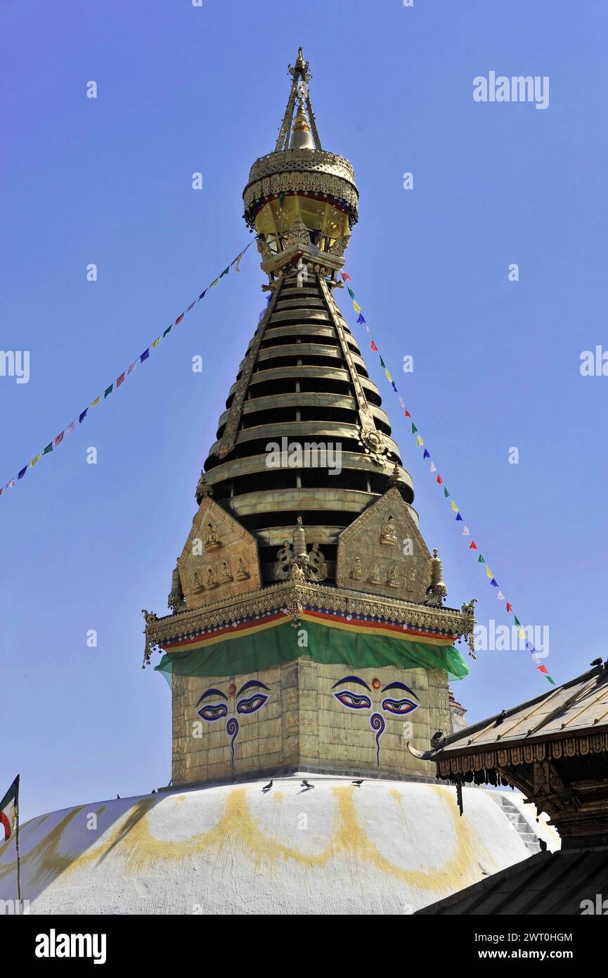Stupa bouddhiste, partie d'un complexe de temples avec drapeaux de prière et architecture traditionnelle, vallée de Katmandou, Katmandou, Népal Banque D'Images