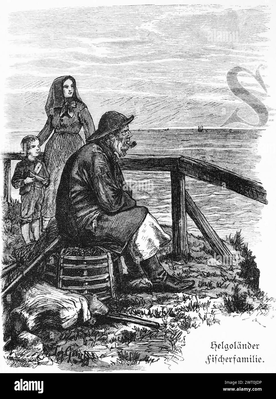 Famille de pêcheurs, île offshore Helgoland, Schleswig-Holstein, mer du Nord, pêcheur, profession, femme, foulard, enfant, panier, Allemagne, historique Banque D'Images