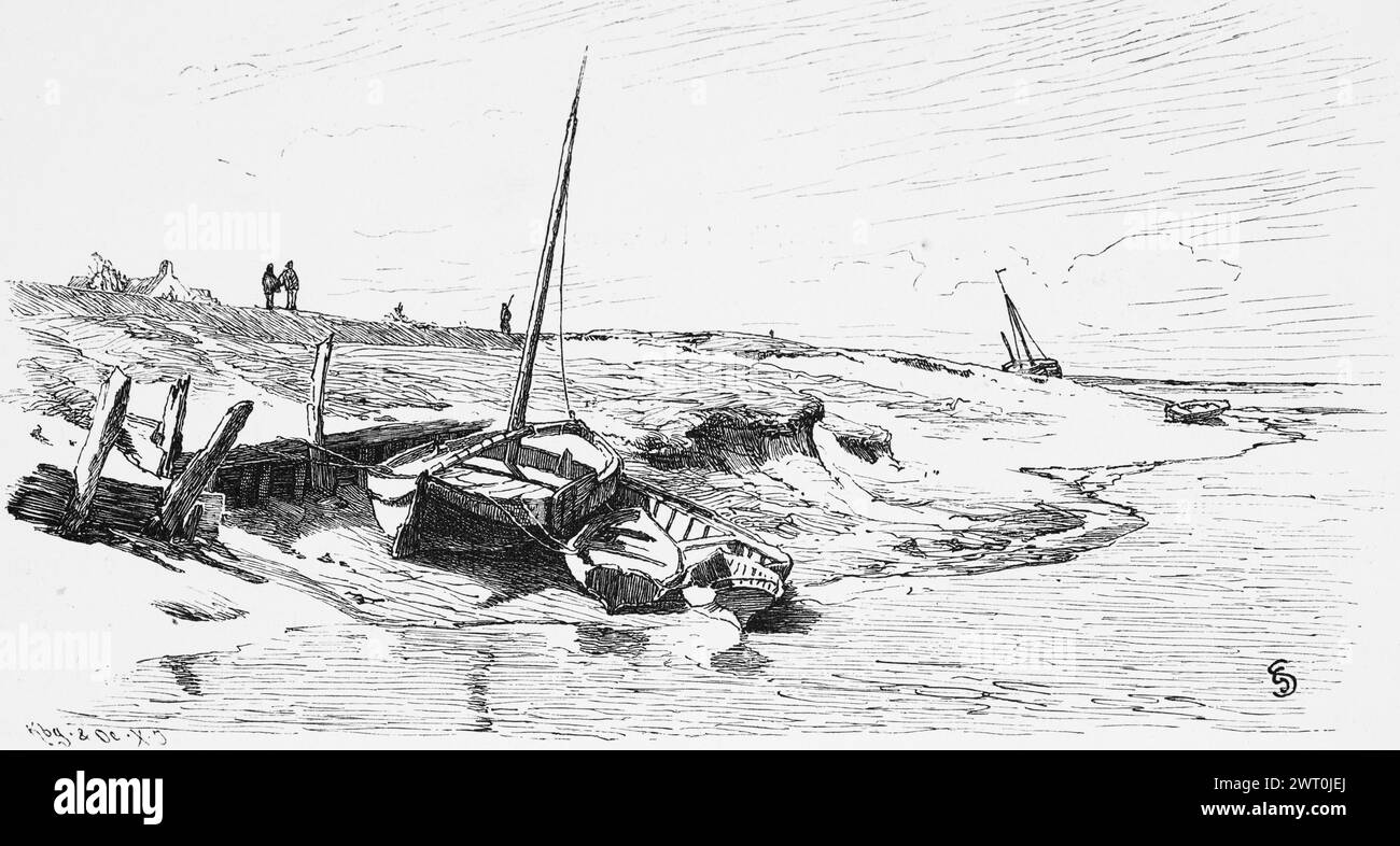 Bateaux couchés à sec sur le rivage, mer du Nord, Dithmarschen, Schleswig-Holstein, plage, dyke, côte, Allemagne, illustration historique 1880 Banque D'Images