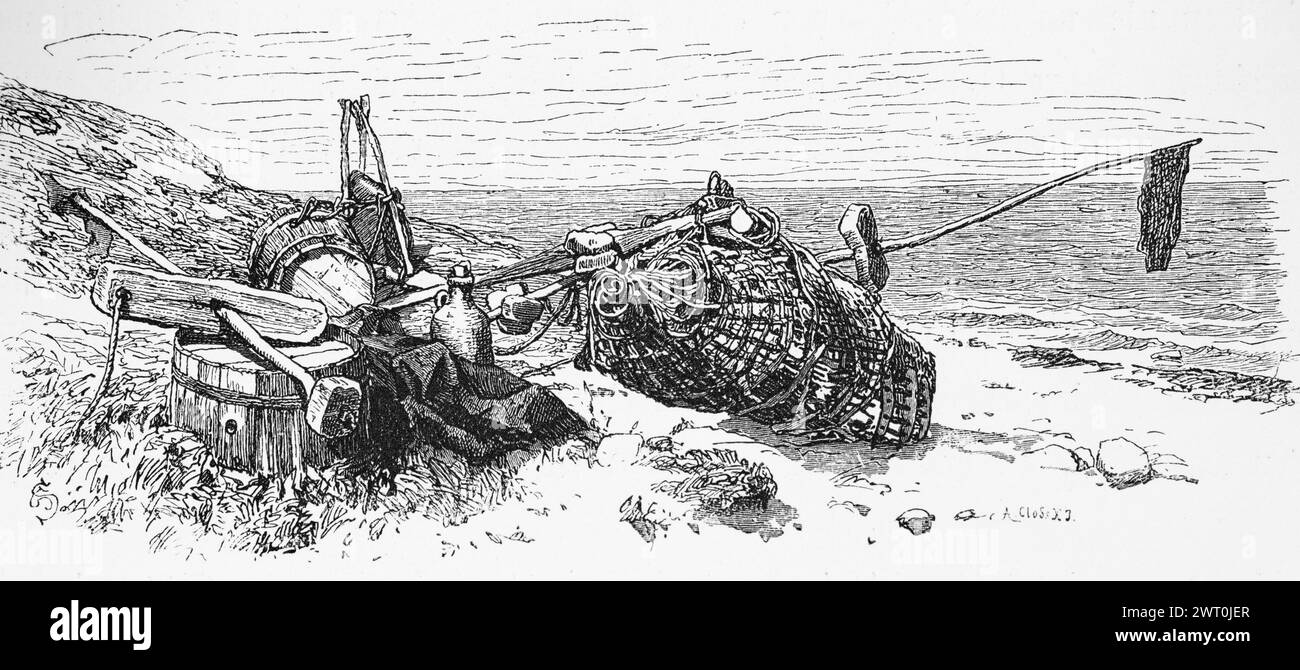 Piège à anguilles sur la plage, mer du Nord, rivage, pêche, engins, anguille, capture, filet, baril, drapeau, Allemagne, illustration historique 1880 Banque D'Images