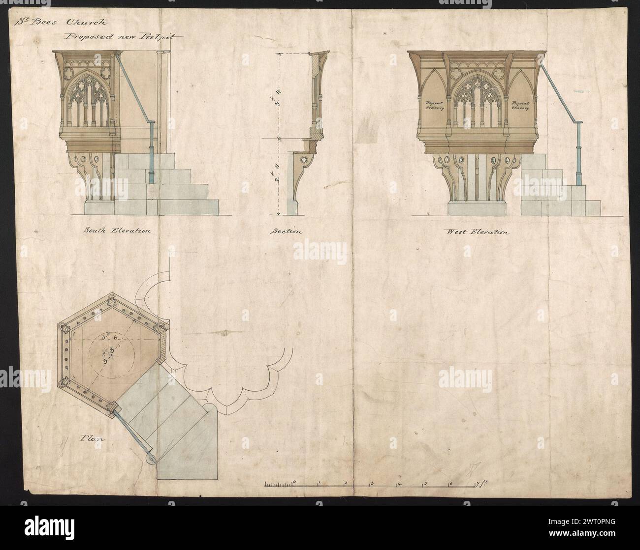 Prog Bees Church Cumberland : Furniture, vers 1886-1887. Butterfield, William vers 1886-1887 Une sélection largement représentative de dessins pour la construction et la fabrication de dessins, représentant les différents types de commissions que Butterfield a reçues et illustrant son travail dans la promotion du renouveau gothique. Sont également inclus des estimations ainsi que des dessins de référence (dessins mesurés) de bâtiments non conçus par Butterfield. William Butterfield (1814-1900) était un architecte britannique connu pour le style gothique renaissance qu'il défend. Il étudie avec E. L. Blackburne et crée son propre cabinet en 1840. A Banque D'Images