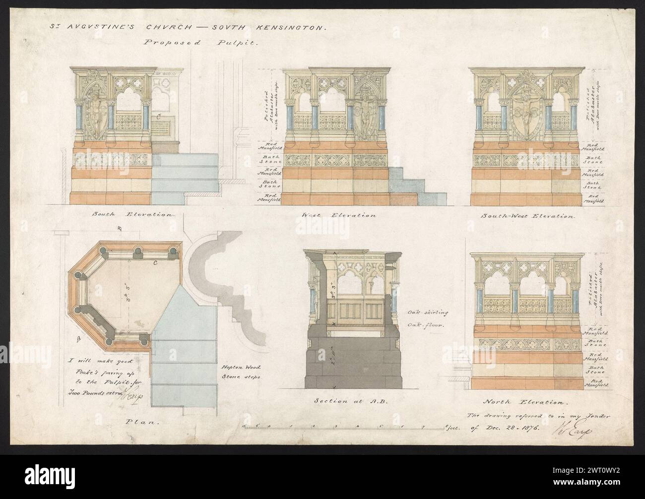 Prog Augustine's Church South Kensington (Queen's Gate), Londres : Furniture, 1876-1886. Butterfield, William 1876-1886 Une sélection largement représentative de dessins pour la construction et la fabrication de dessins, représentant les différents types de commissions reçues par Butterfield et illustrant son travail dans la promotion du renouveau gothique. Sont également inclus des estimations ainsi que des dessins de référence (dessins mesurés) de bâtiments non conçus par Butterfield. William Butterfield (1814-1900) était un architecte britannique connu pour le style gothique renaissance qu'il défend. Il a étudié avec E. L. Blackburne et a créé le sien Banque D'Images