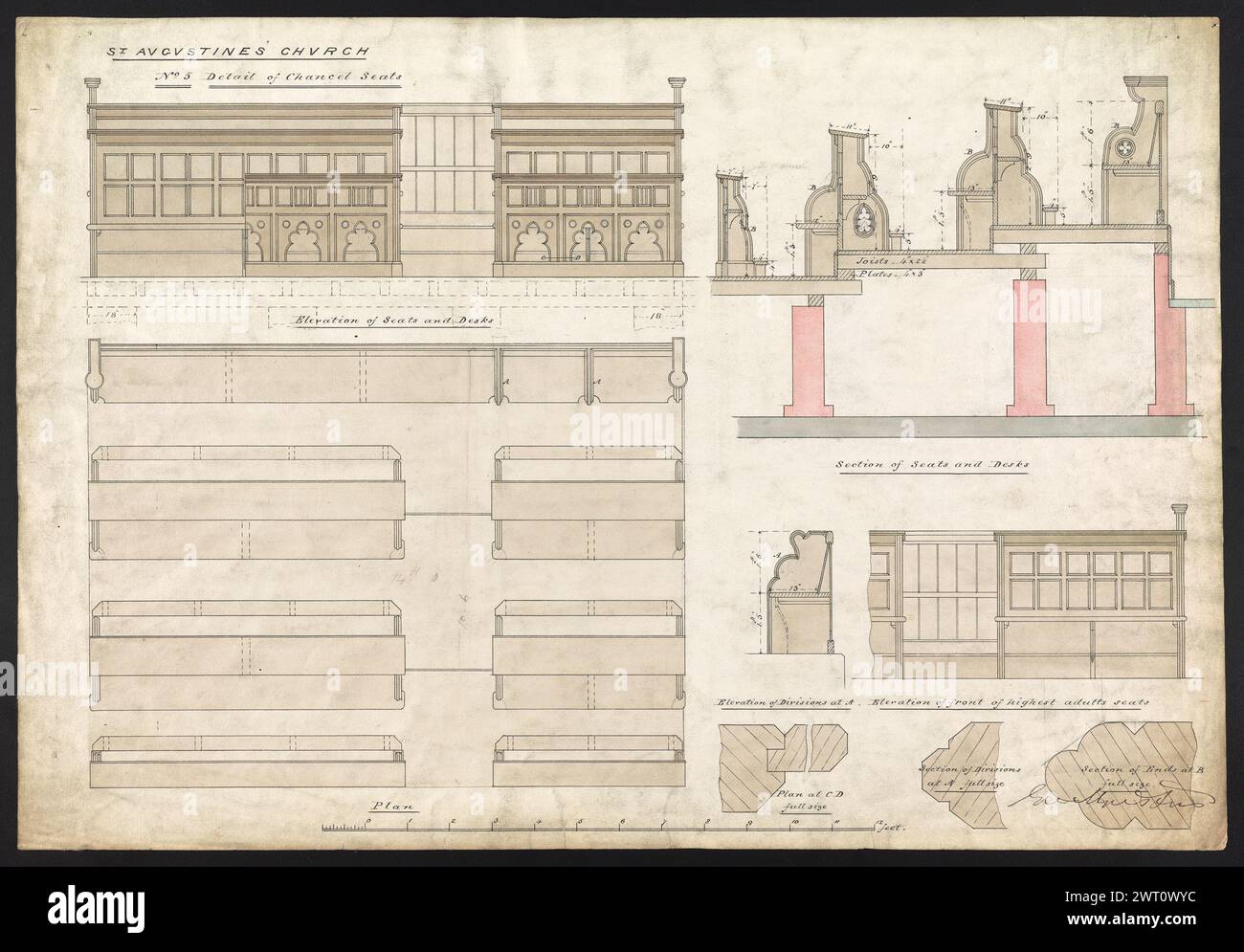 Prog Augustine's Church South Kensington (Queen's Gate), Londres : Furniture, 1876-1886. Butterfield, William 1876-1886 Une sélection largement représentative de dessins pour la construction et la fabrication de dessins, représentant les différents types de commissions reçues par Butterfield et illustrant son travail dans la promotion du renouveau gothique. Sont également inclus des estimations ainsi que des dessins de référence (dessins mesurés) de bâtiments non conçus par Butterfield. William Butterfield (1814-1900) était un architecte britannique connu pour le style gothique renaissance qu'il défend. Il a étudié avec E. L. Blackburne et a créé le sien Banque D'Images