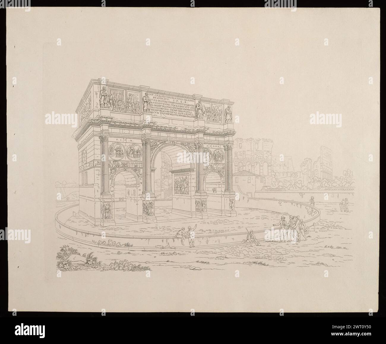 Arc de Septimius sévère avec le Temple de Saturne en arrière-plan de Antichità di Roma recentemente scavate fino all'antico piano, 1817. 1817 la suite représente des sites et monuments anciens récemment fouillés à Rome, dessinés par Simone Pomardi, qui a soigneusement rendu des décorations architecturales et des inscriptions sur les ruines. Les tirages individuels de la série ne sont pas intitulés. Mentions légales : Rome. Filigrane : C. & I. Honig (page de titre). Anna Laetitia Pecci-Blunt a rassemblé des estampes, des œuvres publiées, des dessins et des peintures thématiques axées sur la ville de Rome. Sa collection comprenait des vues, des plans, m Banque D'Images