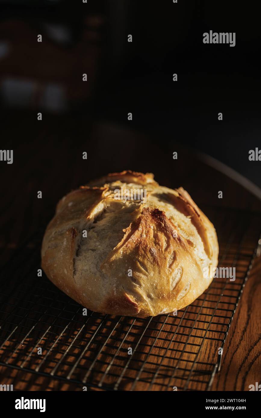 Le pain au levain frais est assis sur la grille de refroidissement sur la table de cuisine Banque D'Images