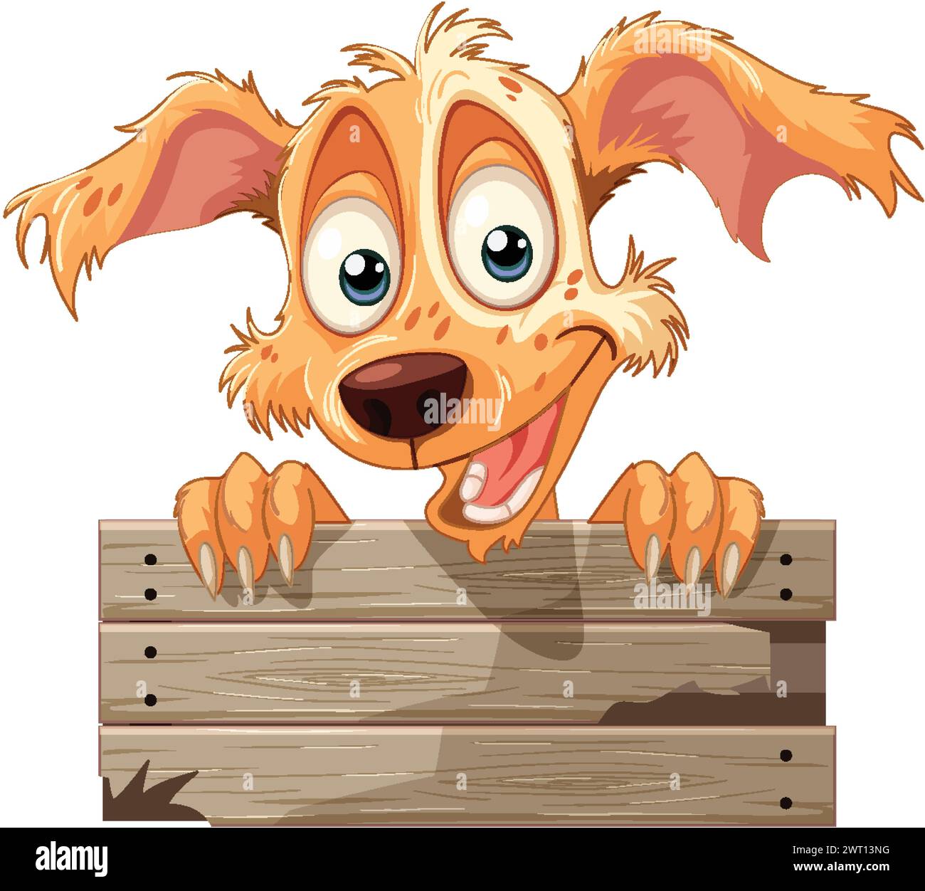 Chien de dessin animé avec de grands yeux au-dessus d'une clôture. Illustration de Vecteur