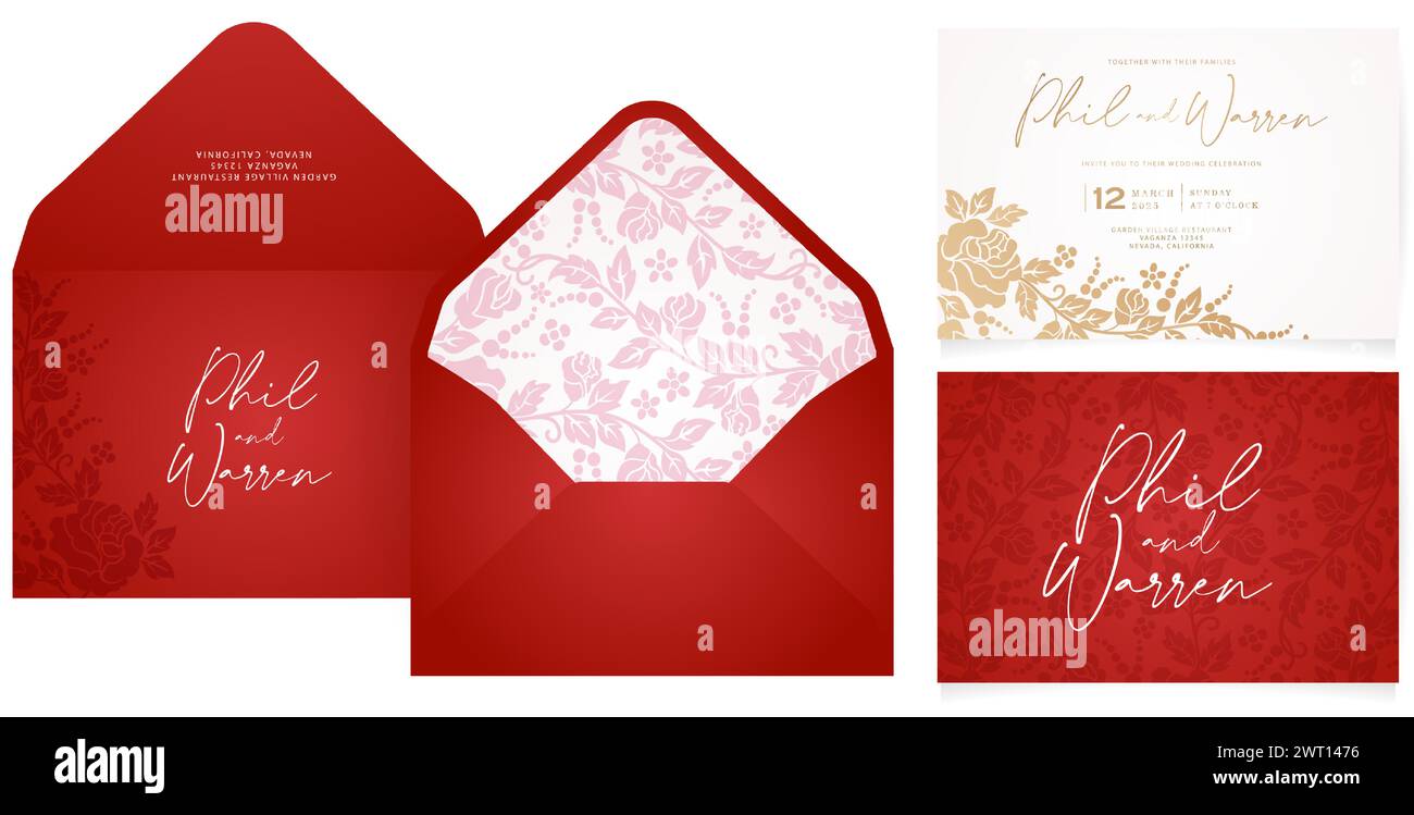 Ensemble d'enveloppe d'invitation de mariage rouge et or illustration vectorielle avec une conception de rose de fleur florale pour la papeterie, les mises en page, les collages, les conceptions de scène Illustration de Vecteur