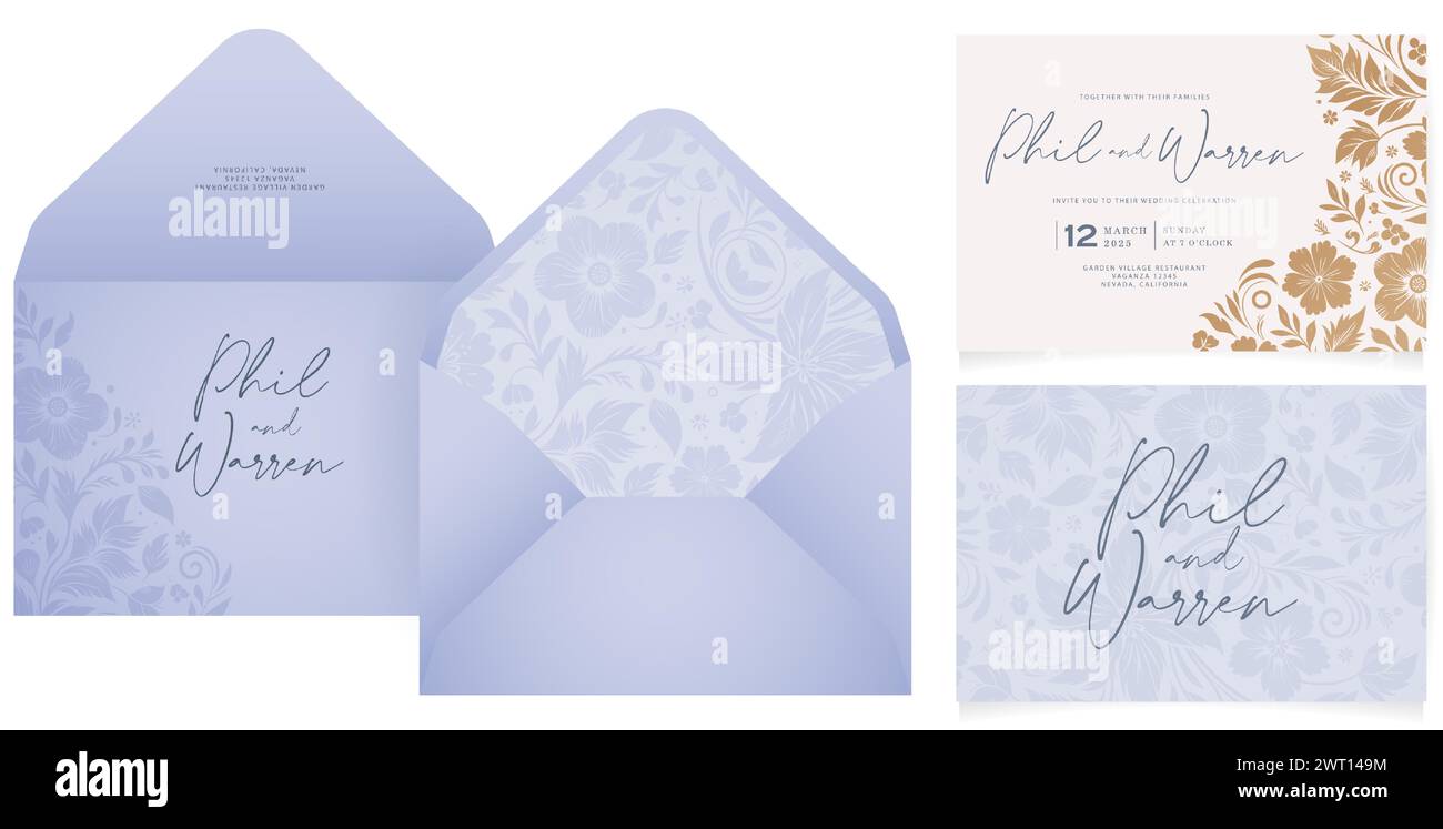 Ensemble d'enveloppe de modèles vectoriels ornements de fleurs dorées pour l'invitation de cartes de mariage, modèle de cartes de voeux, papeterie, mise en page, collage Illustration de Vecteur