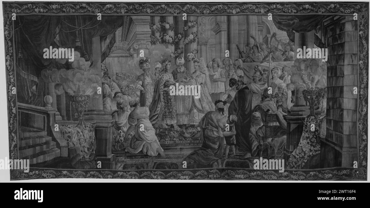 Mariage de Salomon et fille de Pharaon . Furgaud de la Vergne, Pierre (français, acte. 1788) (atelier) [tisserand] daté 1788 matériaux/techniques de tapisserie : inconnu culture : Centre de tissage français : Aubusson histoire de propriété : Français & Co. Inscriptions : signature tissée (à l'envers) dans le champ inférieur, à gauche : FURGAUD. DE.[ ] VERGNE.FECIT.1788 dans un grand temple avec draperie, colonnes avec guirlande florale en spirale et brûleurs d'encens, Salomon richement habillé & fille de Pharaon (?) Se tenant la main avant le grand assemblage de personnes et musiciens (R), pendant la cérémonie de mariage (BRD) guirlande florale entrecoupée de sp Banque D'Images