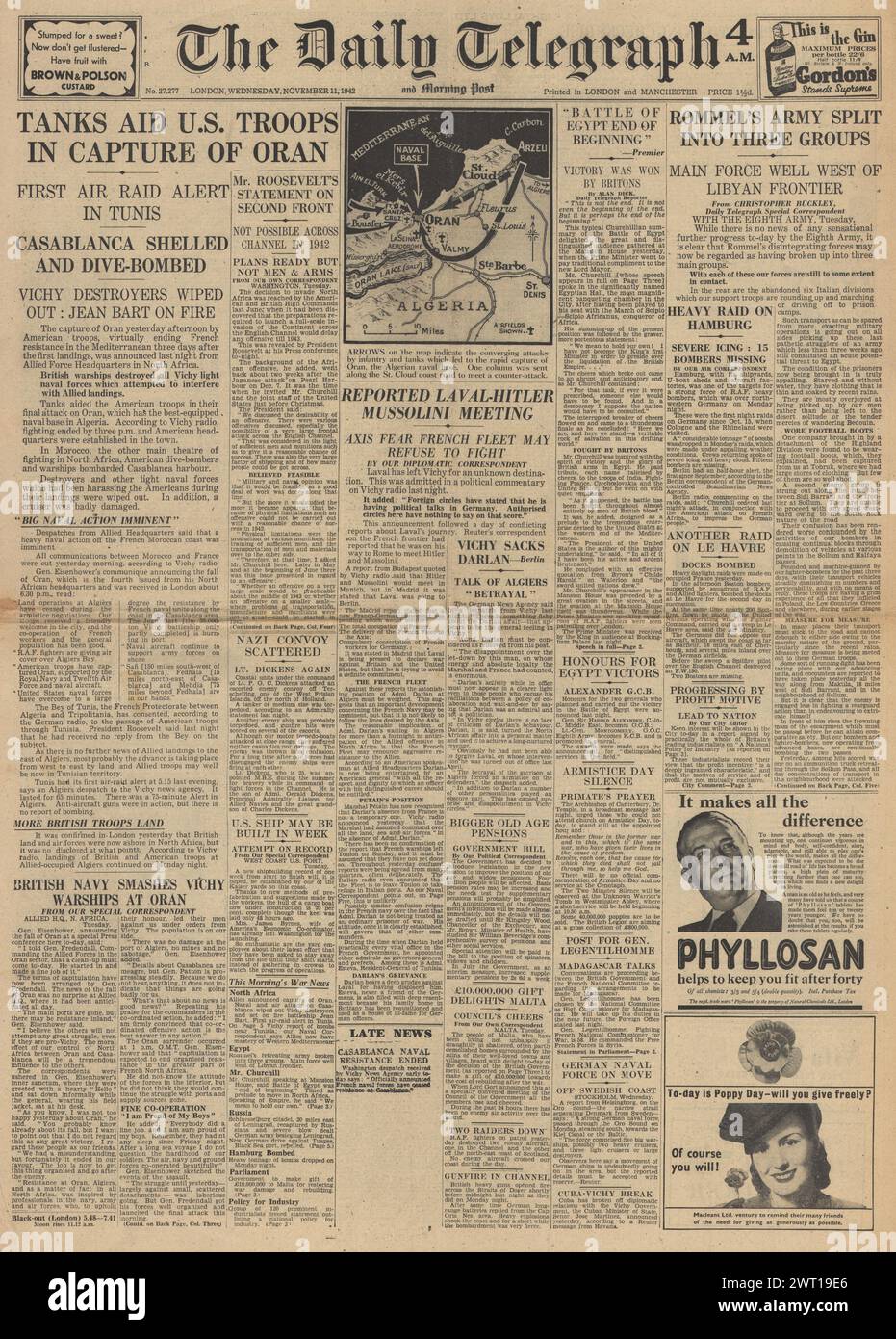 1942 le Daily Telegraph rapporte la bataille pour l'Afrique du Nord, les raids de bombardement sur le Havre et Hambourg et la réunion de Hitler, Laval, Mussolini Banque D'Images