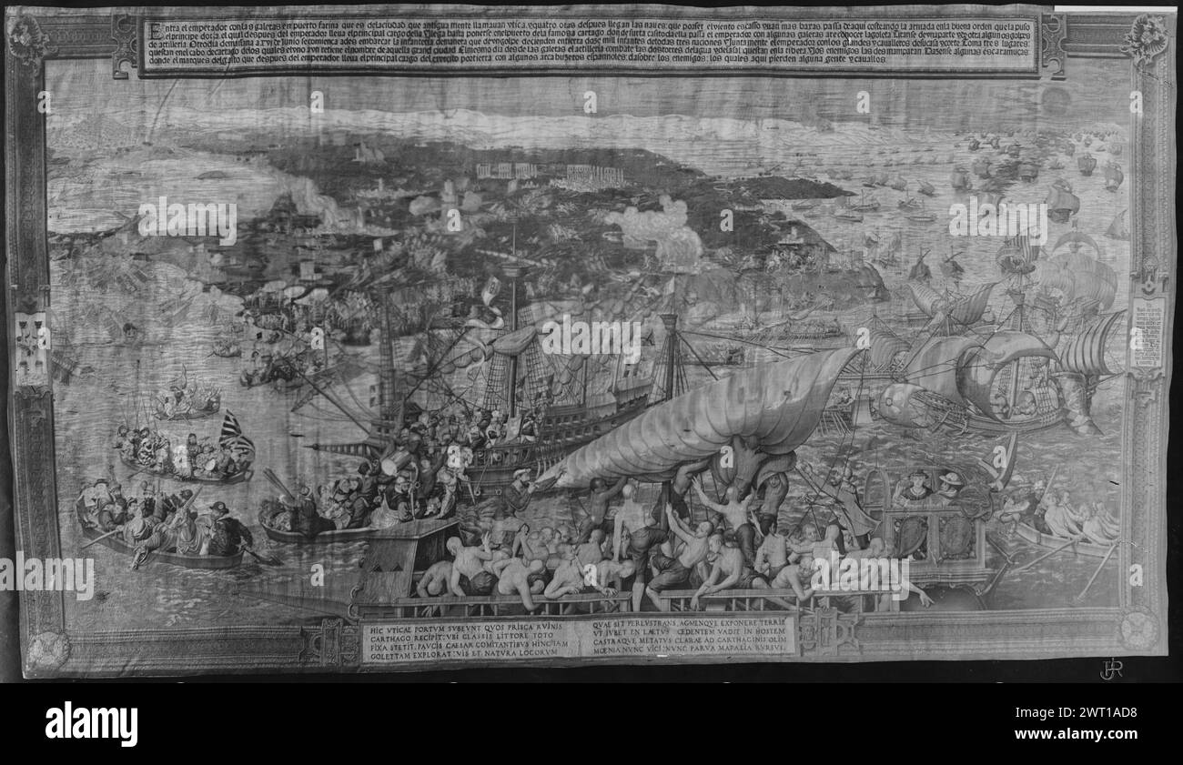 Débarquement à Goleta ou Goletta, ou la Goulette. Vermeyen, Jan Cornelis (Barbalonga) (pays-Bas (avant 1600) - Nord des pays-Bas, vers 1500-1559) (créateur de dessins animés) [peintre] Coecke van Aelst, Pieter (The Elder) (pays-Bas (avant 1600) - Flandre, 1502-1550) (créateur de dessins animés, attr.) [Peintre] Pannemaker, Wilhelm de (Netherlandish (avant 1600) - Flandre, Act. 1535-1578) (atelier) [tisserand] c. 1549-1551 tapisserie dimensions : H 530 x l 925 cm tapisserie matériaux/techniques : laine et soie ; fil métallique (or et argent) culture : Centre de tissage flamand : Bruxelles historique de propriété : inventaires de Banque D'Images