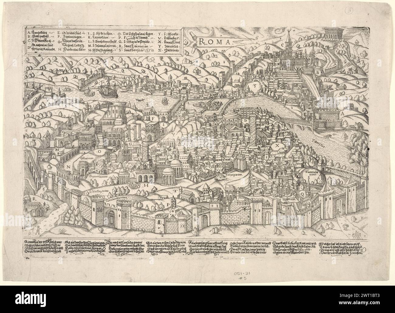 Roma. [fin du xvie siècle?] Une copie anonyme, légèrement réduite de la vue d'oiseau gravée de Rome par Balthasar Jenichen, publiée à Nuremberg. La vue de Jenichen à son tour dérive d'une gravure sur bois dans la Cosmographia de Sebastian Münster (Bâle, 1550), qui représente Rome telle qu'elle était vers 1490. Pour le point de vue de Münster, voir A. Frutaz, le piante di Roma, XCVIII. Pour le point de vue de Jenichen, voir Hollstein German, XVb (Jenichen 150). La table de Münster avec des noms lettrés aux bâtiments et monuments sur la vue a été déplacée du pied au coin supérieur gauche à Jenichen et dans la vue actuelle. À sa place Banque D'Images