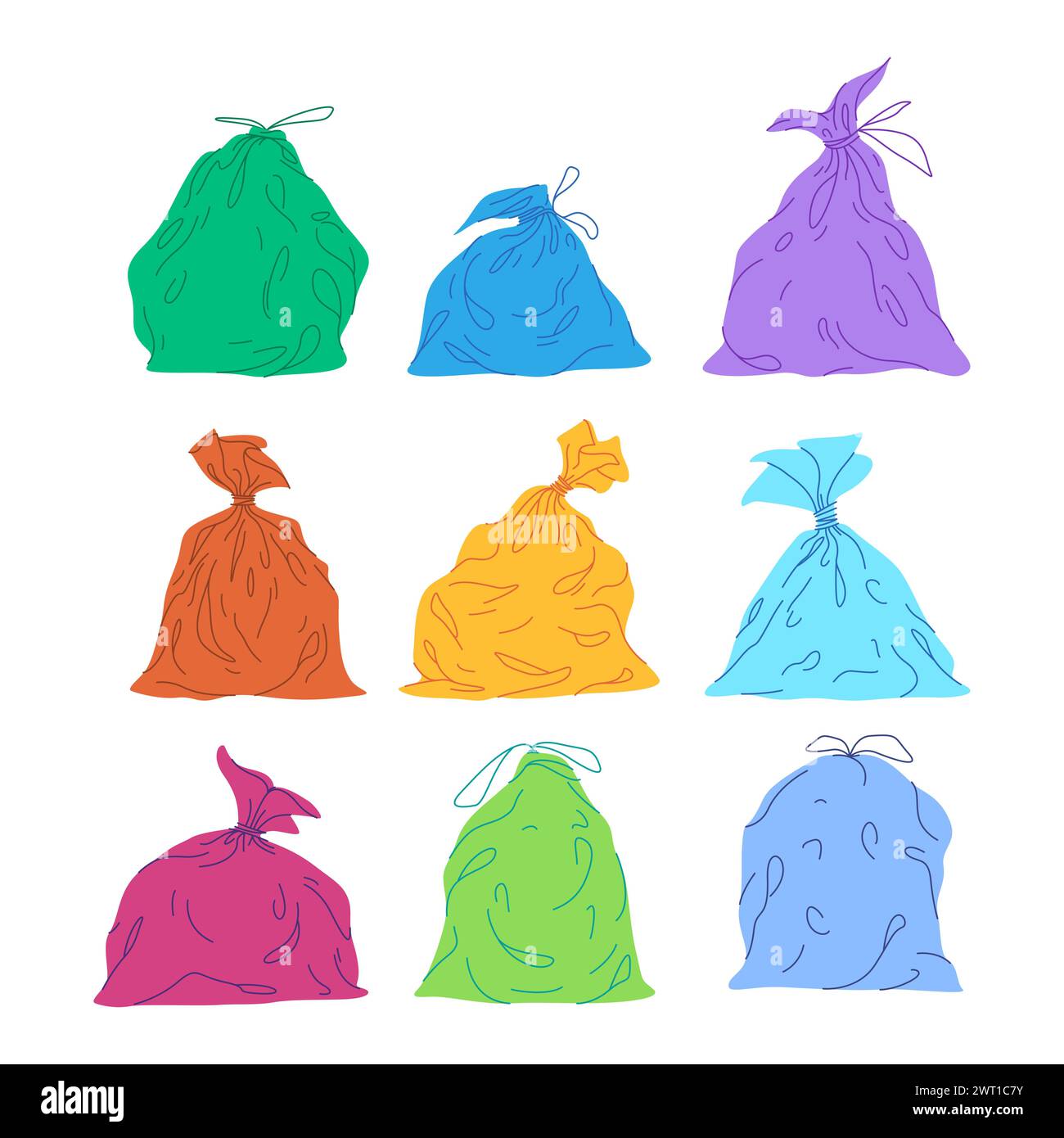 sac poubelle coloré attaché plein déchets déchets déchets sale paquet de déchets poubelles Illustration de Vecteur