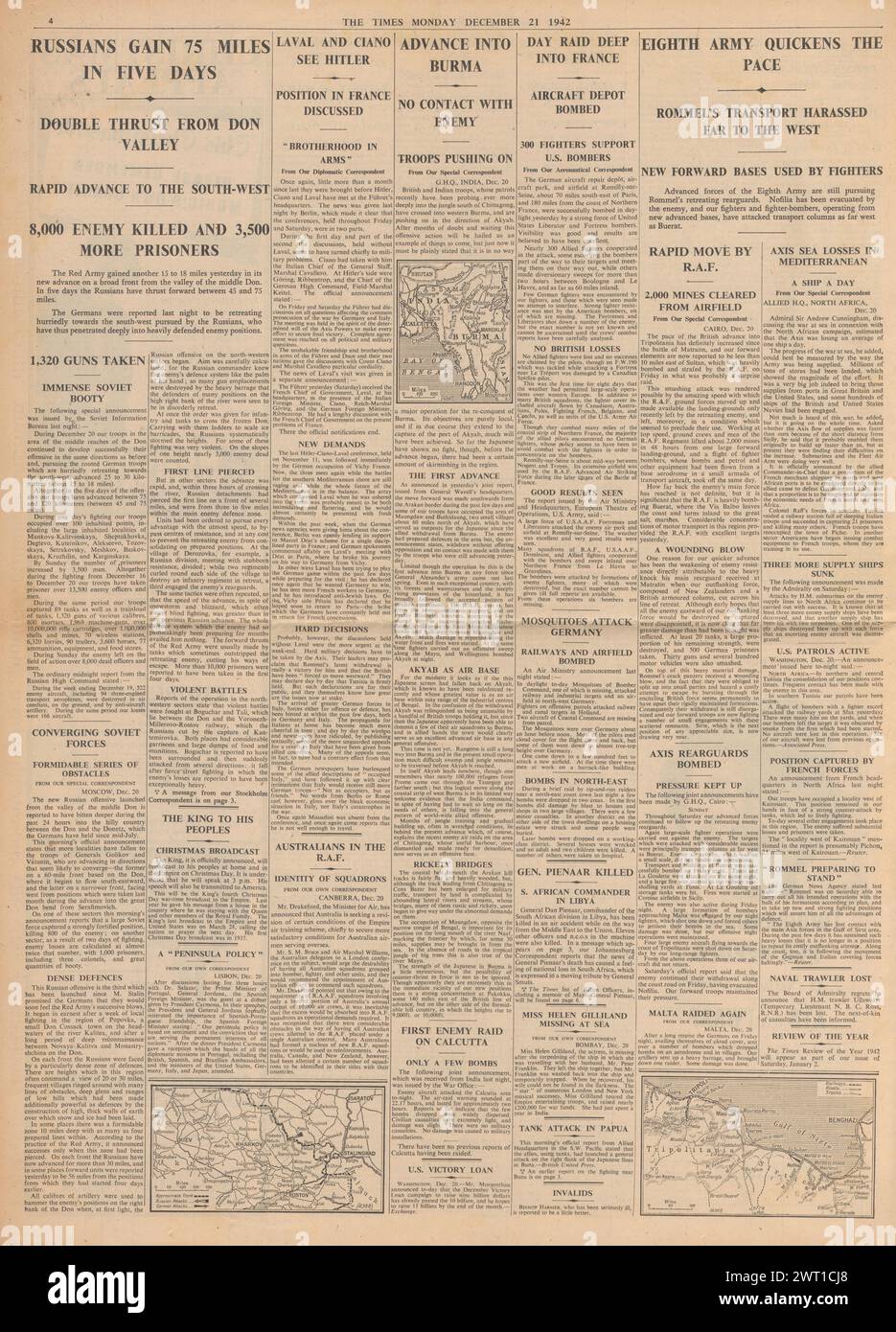 1942 le Times rapporte la bataille d'Afrique du Nord, la bataille de Stalingrad et l'armée britannique entrent en Birmanie Banque D'Images