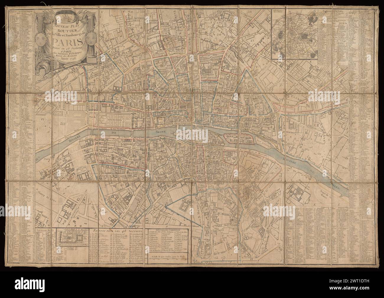 Nouveau plan routier de la ville et fauxbourgs de Paris, bureaux en 48 sections, 1796. 1796 dérivé de la plaque de cuivre du plan de Hénaut & Rapilly publié en 1786-88 (Boutier 330). Les modifications incluent l'effacement des armoiries royales et du chiffre du panneau de titre en haut à gauche, et le remplacement du plan en incrustation de Versailles en bas à gauche par « Renvois pour les 48 sections ». Le présent plan a été publié successivement en 1796, 1797, 1798, 1800. Voir Boutier. Limites des 48 sections tracées en bleu ou rouge, la Seine en bleu. Carte intégrée du Département de la Seine en haut à droite. Projet pour la place d'une salle d'Opera a pari Banque D'Images