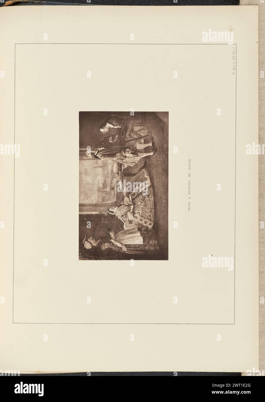 À partir d'une image par patch. Philip H. Delamotte, photographe (britannique, 1820 - 1889) 1874 photographie d'une caricature de Thomas Patch, peinte vers 1760 à Florence. La caricature représente une femme riche, la maîtresse Tabitha Mendes assise pour un portrait. On dit que l'artiste représente Patch lui-même. Une servante se tient derrière la maîtresse et tient un petit chien. Un homme, John, troisième duc de Roxburghe et prétendant de maîtresse Tabitha, se tient debout à côté du chevalet de l'artiste, le dos aux deux femmes. (Recto, monture) en bas au centre, texte imprimé noir : 'FROM A PICTURE BY PATCH.' ; en bas à droite, blac Banque D'Images