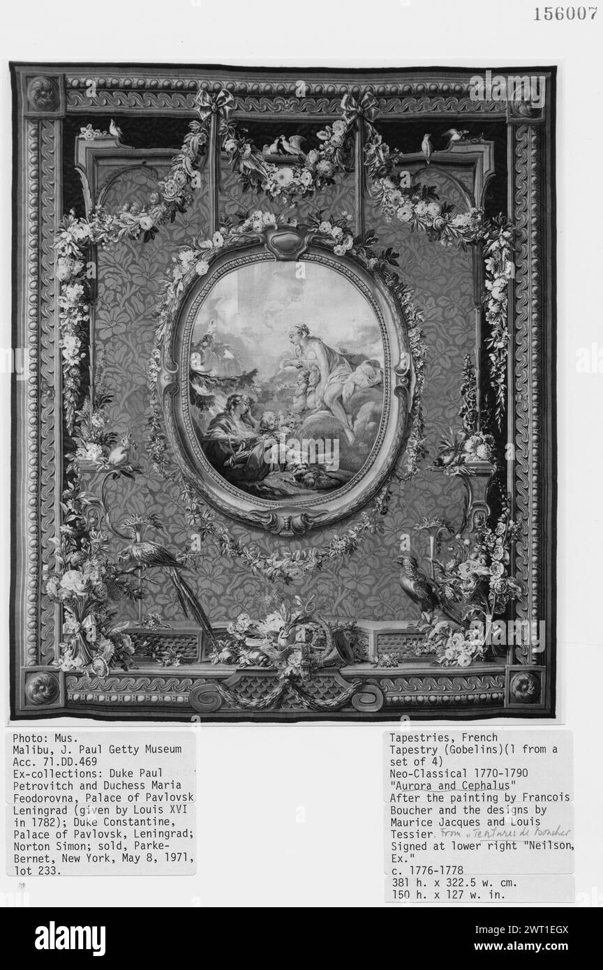 Aurore et Céphalus. Boucher, François (français, 1703-1770) (auteur de dessin) [peintre] Jacques, Maurice (français, 1712-1784) (auteur de dessin, alentour) [peintre] Tessier, Louis (français, CA.1719-1781) (auteur de dessin, alentour) [peintre] Neilson, Jacques (français, né en 1714-d.1788) (atelier) [tisserand] 1775-1778 tapisserie dimensions : H 12'7 1/8' x l 10' 2 3/4' tapisserie/4' Tapestry 22-26/inch, trame : 84-108/inch) culture : Centre de tissage français : Paris histoire de propriété : donné au Grand-Duc Paul Petrovitch (tsar Paul I) et à la Grande-Duchesse Maria Feodorovna de Russie par Lo Banque D'Images