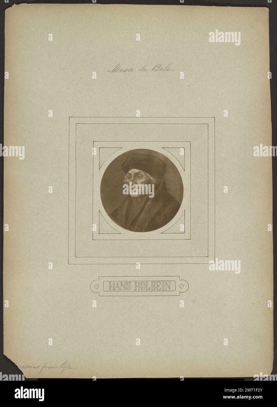 Erasmus de Holbein, Musée de Balen. Adolphe Braun, photographe (français, 1812 - 1877) 1860s reproduction d'une peinture d'un homme, 'Erasmus' par Hans Holbein. (Recto, monture) en haut au centre, au crayon : 'Musee de Balen' ; en bas à gauche, au crayon : 'Erasmus de la vie'. Banque D'Images